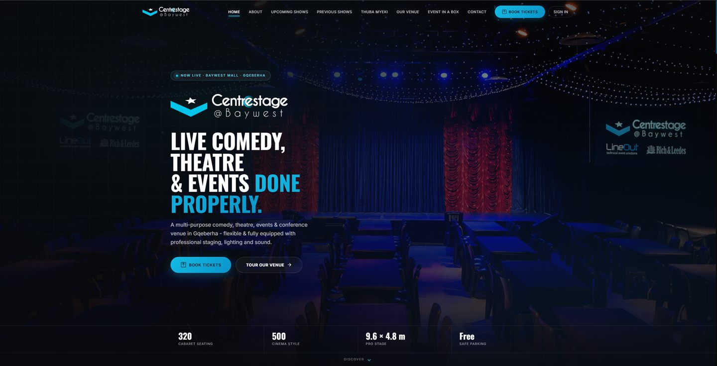 The Centrestage @ Baywest home page showing the venue and a book tickets call to action